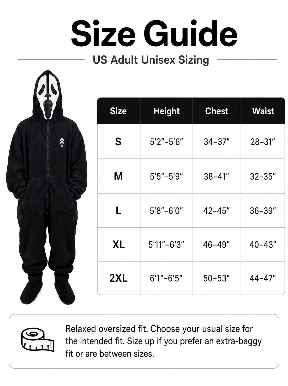 Horror Snugs size chart